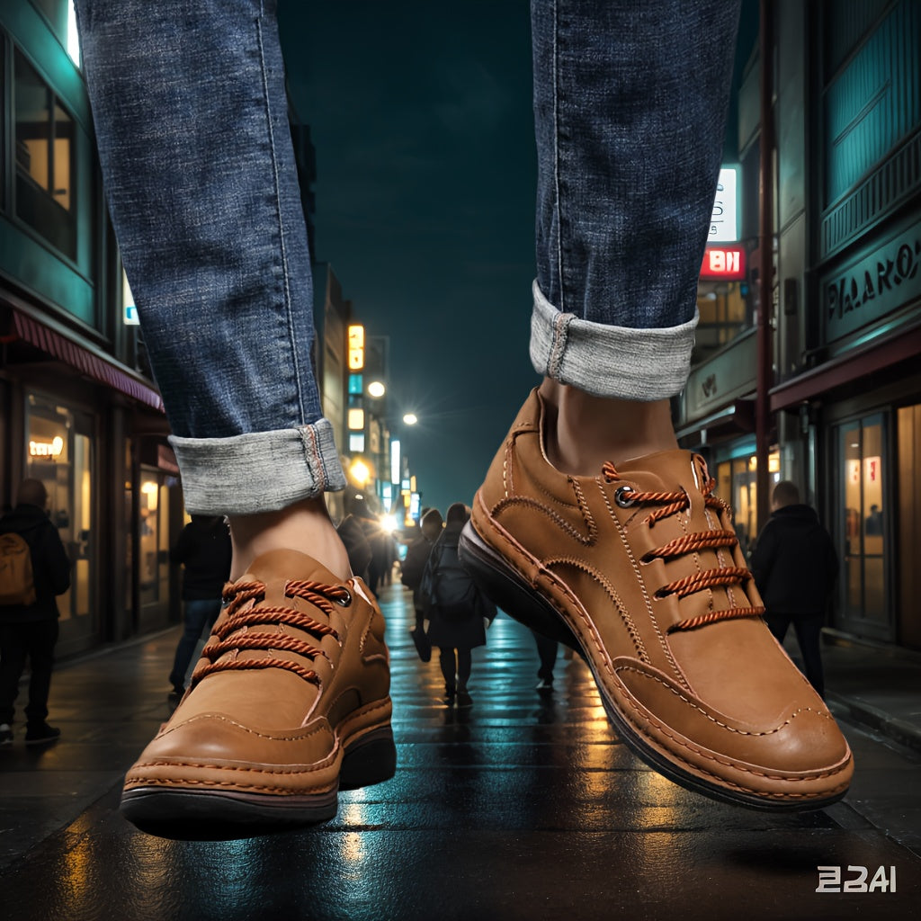 Men’s Genuine Leather Casual Shoes – All-Season Comfort with Non-Slip Thick Sole & Lace-Up Design
