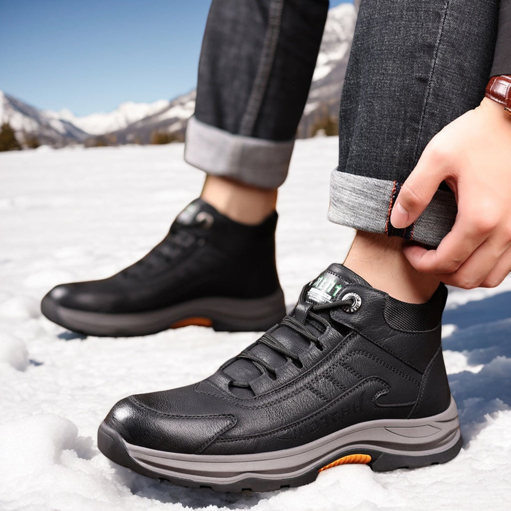 Men’s 2025 Cold-Proof Winter Snow Boots – Genuine Leather High-Top with Anti-Slip Rubber Sole & Thick Warm Lining