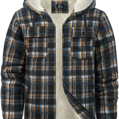 Men’s Ultra-Warm Plaid Hooded Fleece Jacket – Premium Winter Coat with Full-Zip, Soft Lining & Stylish Grid Pattern