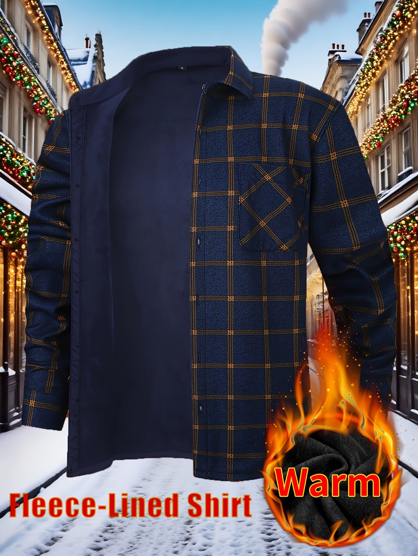 Men’s Fleece-Lined Winter Flannel Plaid Shirt – Thick Warm Long Sleeve Button-Up with Dual Chest Pockets