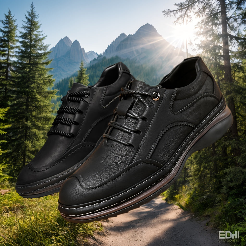 Men’s Genuine Leather Casual Shoes – All-Season Comfort with Non-Slip Thick Sole & Lace-Up Design