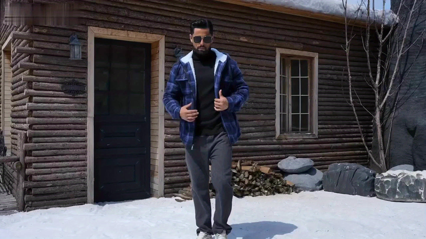 Men’s Ultra-Warm Plaid Hooded Fleece Jacket – Premium Winter Coat with Full-Zip, Soft Lining & Stylish Grid Pattern