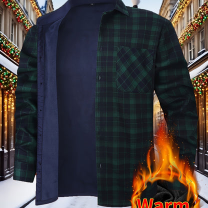 Men’s Fleece-Lined Winter Flannel Plaid Shirt – Thick Warm Long Sleeve Button-Up with Dual Chest Pockets