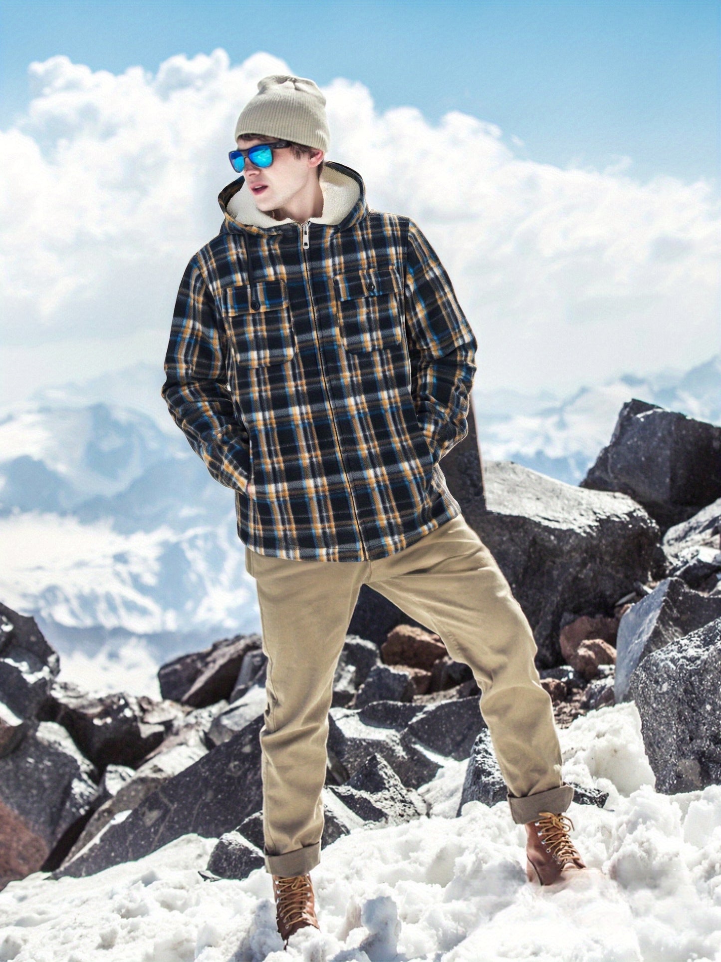 Men’s Ultra-Warm Plaid Hooded Fleece Jacket – Premium Winter Coat with Full-Zip, Soft Lining & Stylish Grid Pattern