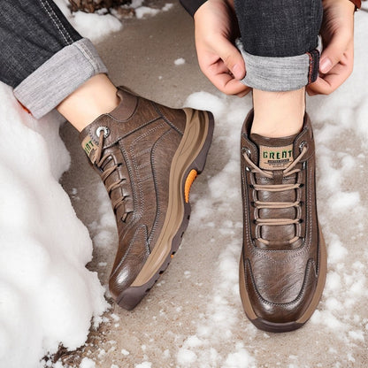 Men’s 2025 Cold-Proof Winter Snow Boots – Genuine Leather High-Top with Anti-Slip Rubber Sole & Thick Warm Lining