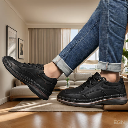 Men’s Genuine Leather Casual Shoes – All-Season Comfort with Non-Slip Thick Sole & Lace-Up Design