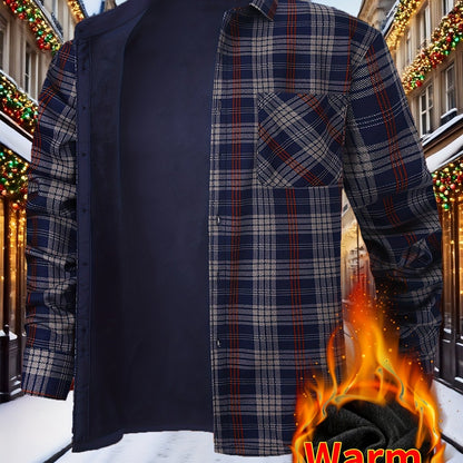 Men’s Fleece-Lined Winter Flannel Plaid Shirt – Thick Warm Long Sleeve Button-Up with Dual Chest Pockets