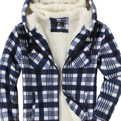 Men’s Ultra-Warm Plaid Hooded Fleece Jacket – Premium Winter Coat with Full-Zip, Soft Lining & Stylish Grid Pattern