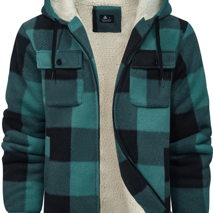 Men’s Ultra-Warm Plaid Hooded Fleece Jacket – Premium Winter Coat with Full-Zip, Soft Lining & Stylish Grid Pattern