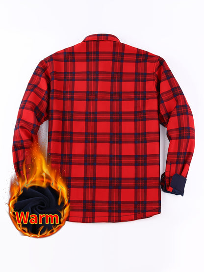 Men’s Fleece-Lined Winter Flannel Plaid Shirt – Thick Warm Long Sleeve Button-Up with Dual Chest Pockets