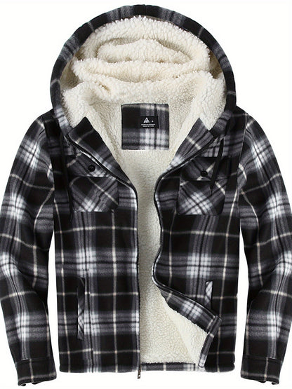 Men’s Ultra-Warm Plaid Hooded Fleece Jacket – Premium Winter Coat with Full-Zip, Soft Lining & Stylish Grid Pattern