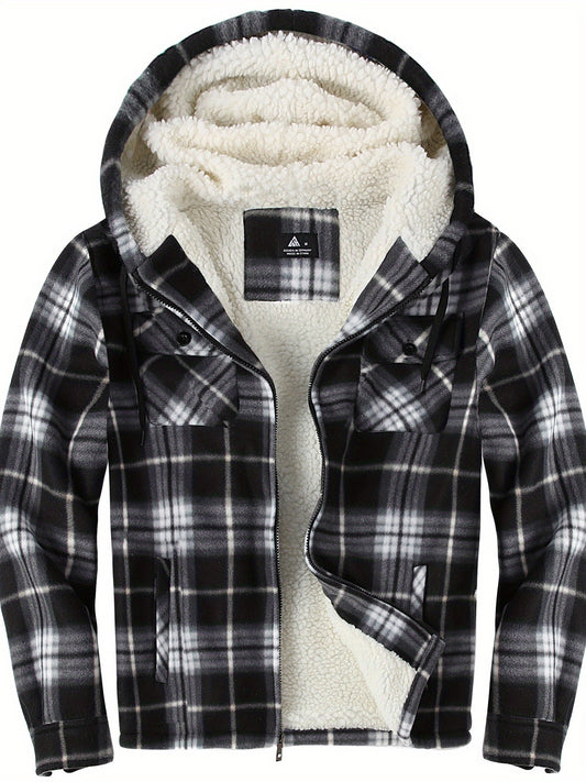 Men’s Ultra-Warm Plaid Hooded Fleece Jacket – Premium Winter Coat with Full-Zip, Soft Lining & Stylish Grid Pattern