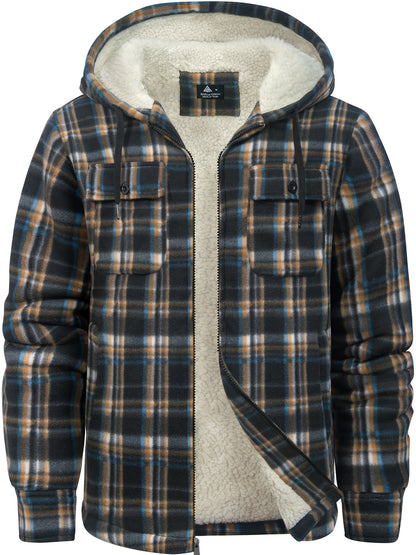 Men’s Ultra-Warm Plaid Hooded Fleece Jacket – Premium Winter Coat with Full-Zip, Soft Lining & Stylish Grid Pattern