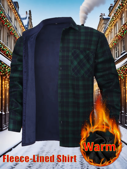 Men’s Fleece-Lined Winter Flannel Plaid Shirt – Thick Warm Long Sleeve Button-Up with Dual Chest Pockets