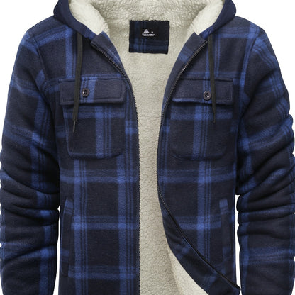 Men’s Ultra-Warm Plaid Hooded Fleece Jacket – Premium Winter Coat with Full-Zip, Soft Lining & Stylish Grid Pattern