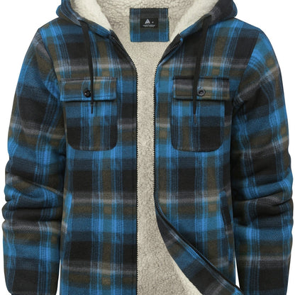 Men’s Ultra-Warm Plaid Hooded Fleece Jacket – Premium Winter Coat with Full-Zip, Soft Lining & Stylish Grid Pattern