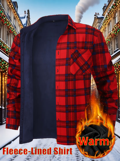 Men’s Fleece-Lined Winter Flannel Plaid Shirt – Thick Warm Long Sleeve Button-Up with Dual Chest Pockets