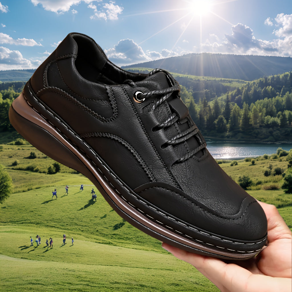 Men’s Genuine Leather Casual Shoes – All-Season Comfort with Non-Slip Thick Sole & Lace-Up Design