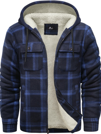 Men’s Ultra-Warm Plaid Hooded Fleece Jacket – Premium Winter Coat with Full-Zip, Soft Lining & Stylish Grid Pattern