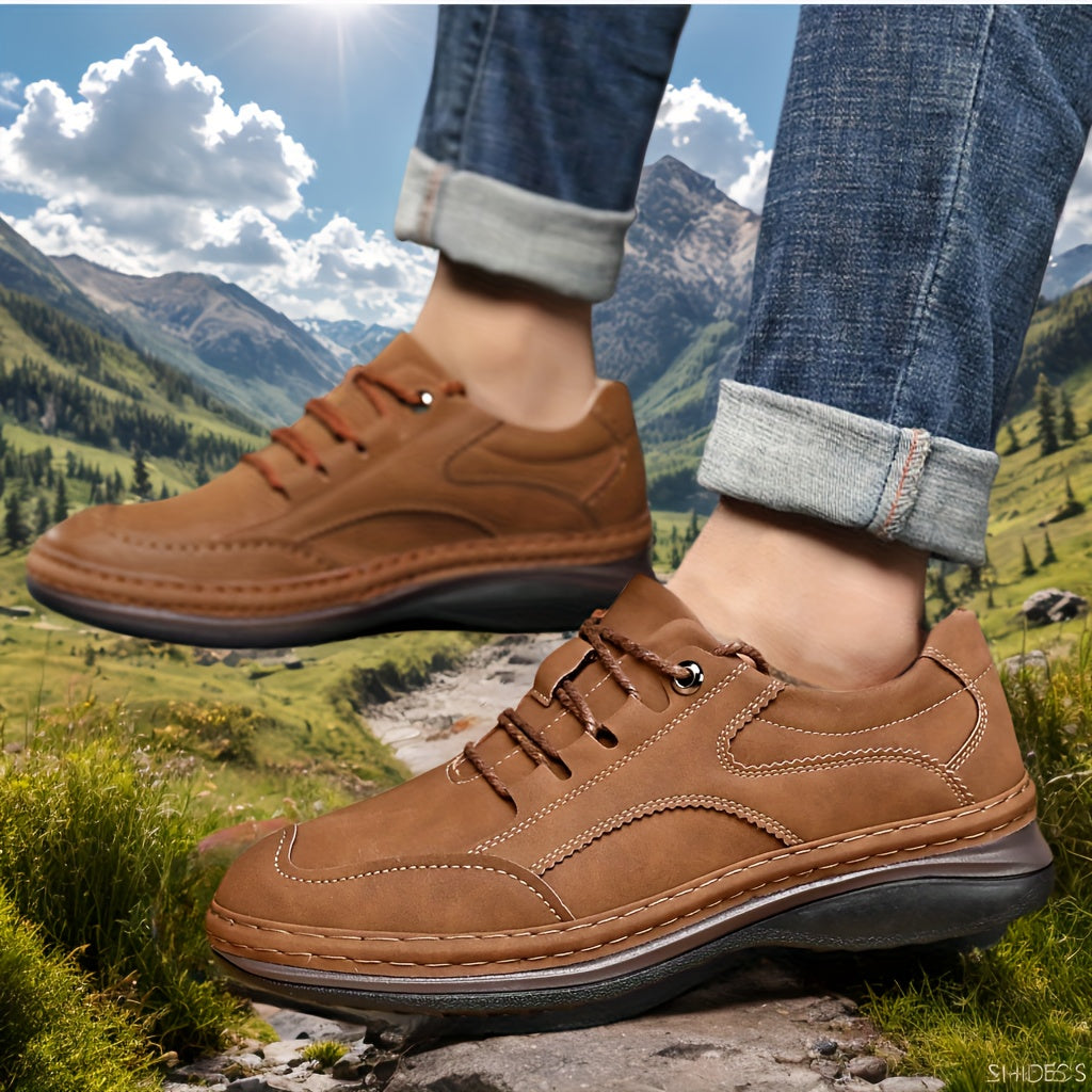 Men’s Genuine Leather Casual Shoes – All-Season Comfort with Non-Slip Thick Sole & Lace-Up Design