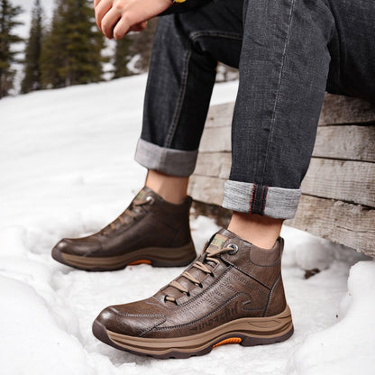 Men’s 2025 Cold-Proof Winter Snow Boots – Genuine Leather High-Top with Anti-Slip Rubber Sole & Thick Warm Lining