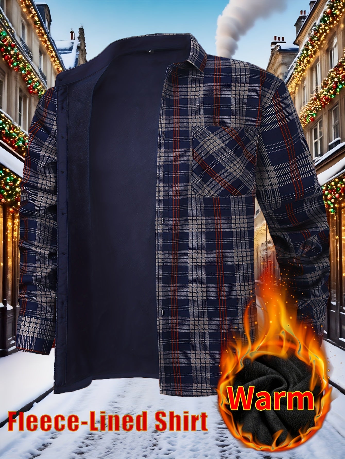 Men’s Fleece-Lined Winter Flannel Plaid Shirt – Thick Warm Long Sleeve Button-Up with Dual Chest Pockets