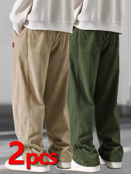 Men’s Heavy-Duty Thermal Corduroy Pants – Warm Winter Straight-Leg Trousers with Drawstring Waist & Side Pockets