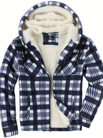 Men’s Ultra-Warm Plaid Hooded Fleece Jacket – Premium Winter Coat with Full-Zip, Soft Lining & Stylish Grid Pattern