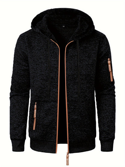 Men’s Hooded Long Zip-Up Knitted Sweater – Fleece-Style Winter Hoodie Jacket (2-Piece Set)