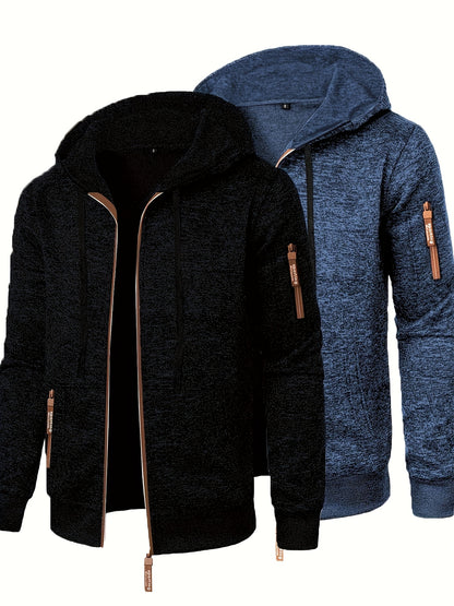 Men’s Hooded Long Zip-Up Knitted Sweater – Fleece-Style Winter Hoodie Jacket (2-Piece Set)