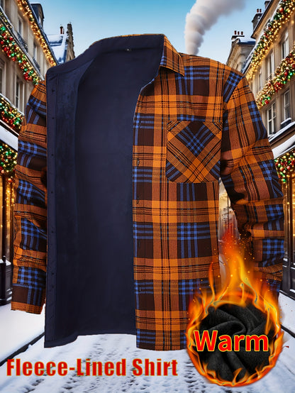 Men’s Fleece-Lined Winter Flannel Plaid Shirt – Thick Warm Long Sleeve Button-Up with Dual Chest Pockets