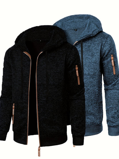 Men’s Hooded Long Zip-Up Knitted Sweater – Fleece-Style Winter Hoodie Jacket (2-Piece Set)