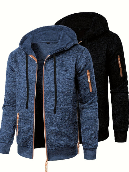 Men’s Hooded Long Zip-Up Knitted Sweater – Fleece-Style Winter Hoodie Jacket (2-Piece Set)