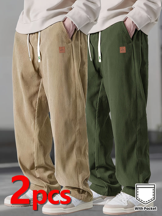Men’s Heavy-Duty Thermal Corduroy Pants – Warm Winter Straight-Leg Trousers with Drawstring Waist & Side Pockets