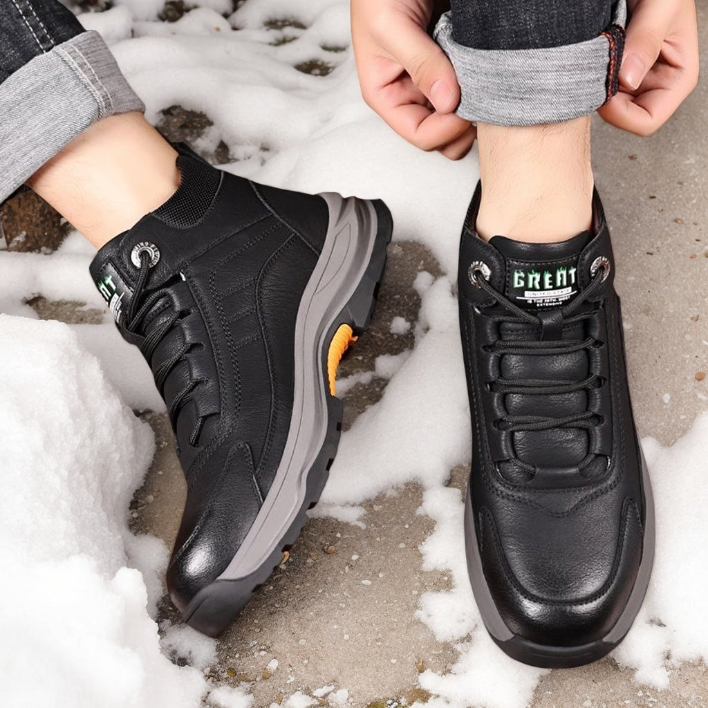 Men’s 2025 Cold-Proof Winter Snow Boots – Genuine Leather High-Top with Anti-Slip Rubber Sole & Thick Warm Lining