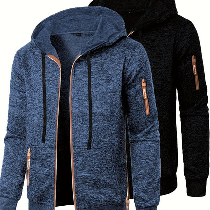 Men’s Hooded Long Zip-Up Knitted Sweater – Fleece-Style Winter Hoodie Jacket (2-Piece Set)