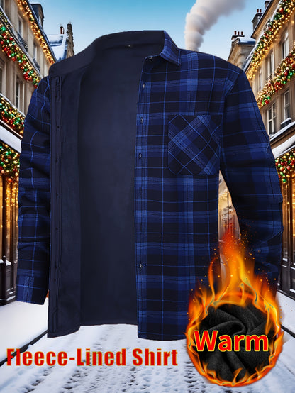 Men’s Fleece-Lined Winter Flannel Plaid Shirt – Thick Warm Long Sleeve Button-Up with Dual Chest Pockets